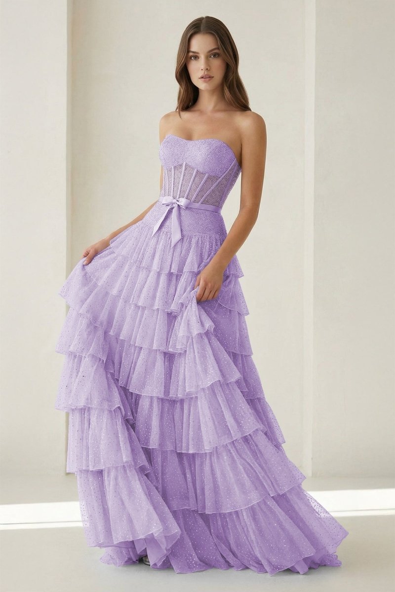 Tube Top Sleeveless Party Gowns Fully Beaded Tulle Pleated Tiered A-Line Prom Dress
