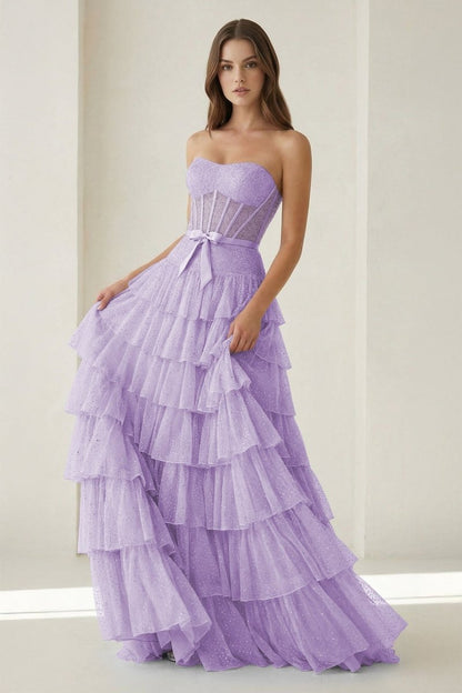 Tube Top Sleeveless Party Gowns Fully Beaded Tulle Pleated Tiered A-Line Prom Dress