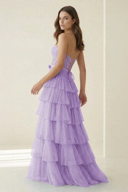 Tube Top Sleeveless Party Gowns Fully Beaded Tulle Pleated Tiered A-Line Prom Dress