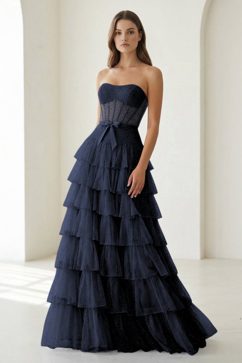 Tube Top Sleeveless Party Gowns Fully Beaded Tulle Pleated Tiered A-Line Prom Dress