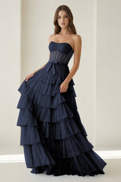 Tube Top Sleeveless Party Gowns Fully Beaded Tulle Pleated Tiered A-Line Prom Dress