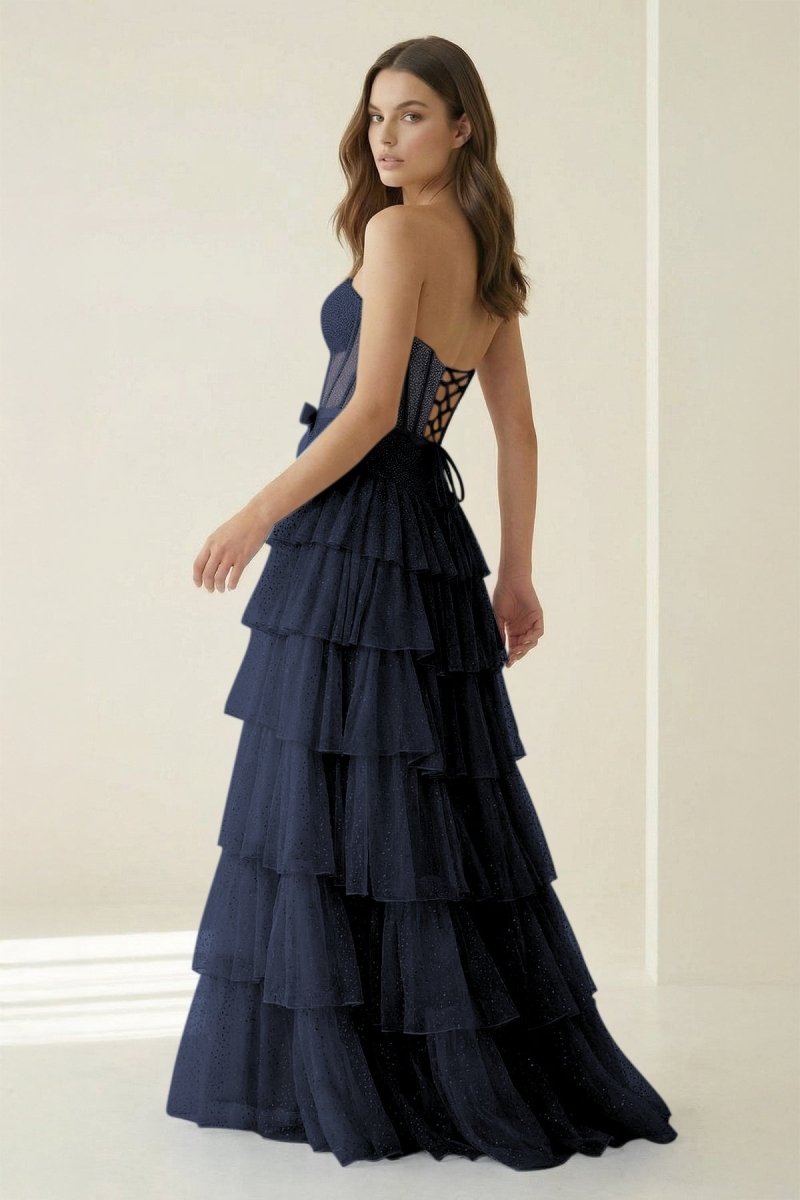Tube Top Sleeveless Party Gowns Fully Beaded Tulle Pleated Tiered A-Line Prom Dress