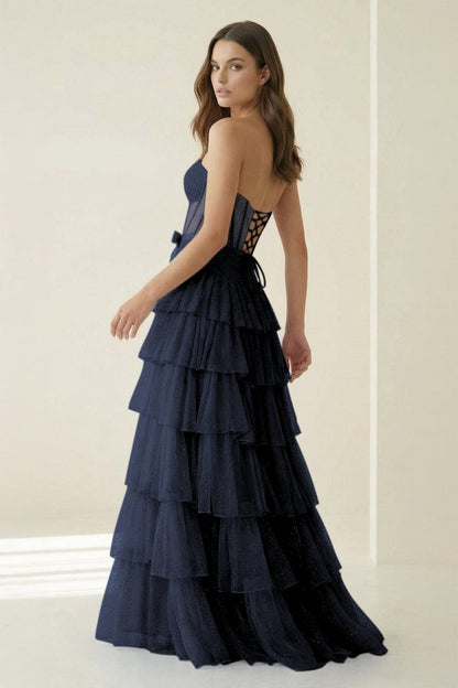 Tube Top Sleeveless Party Gowns Fully Beaded Tulle Pleated Tiered A-Line Prom Dress