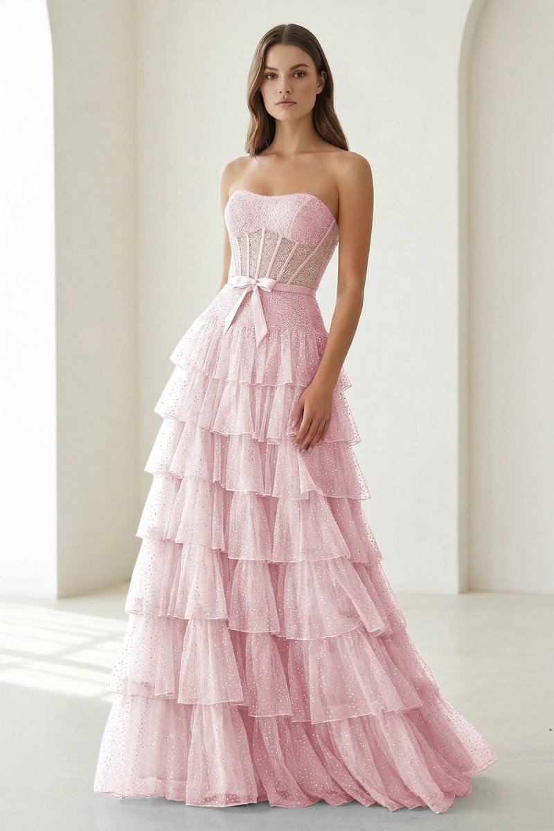 Tube Top Sleeveless Party Gowns Fully Beaded Tulle Pleated Tiered A-Line Prom Dress
