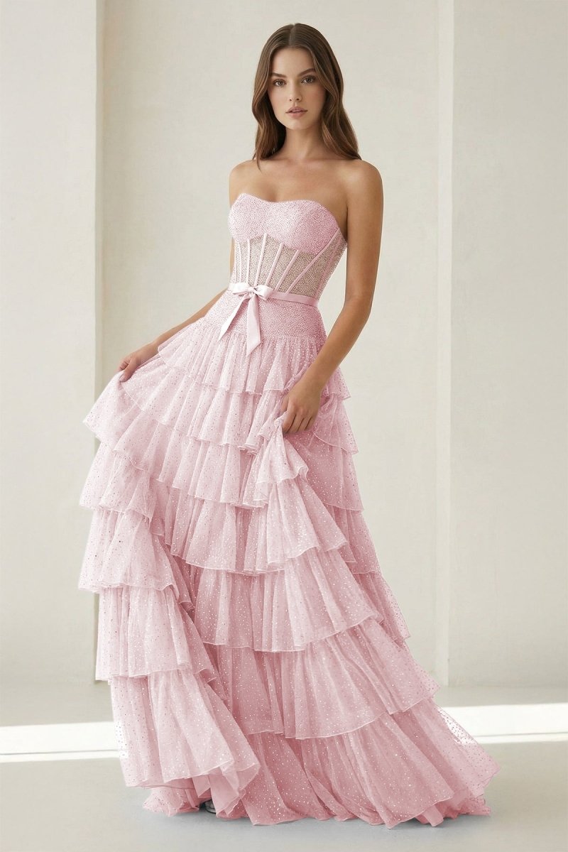 Tube Top Sleeveless Party Gowns Fully Beaded Tulle Pleated Tiered A-Line Prom Dress
