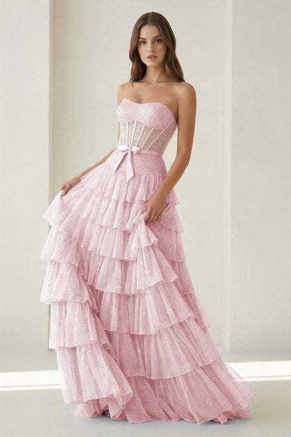 Tube Top Sleeveless Party Gowns Fully Beaded Tulle Pleated Tiered A-Line Prom Dress