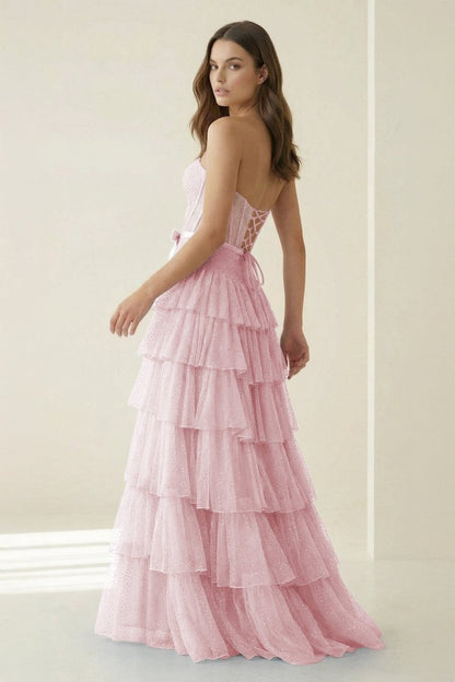 Tube Top Sleeveless Party Gowns Fully Beaded Tulle Pleated Tiered A-Line Prom Dress
