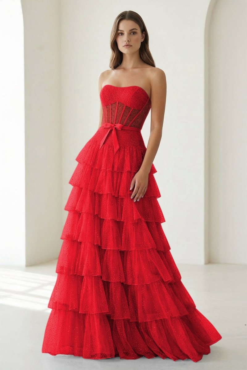 Tube Top Sleeveless Party Gowns Fully Beaded Tulle Pleated Tiered A-Line Prom Dress