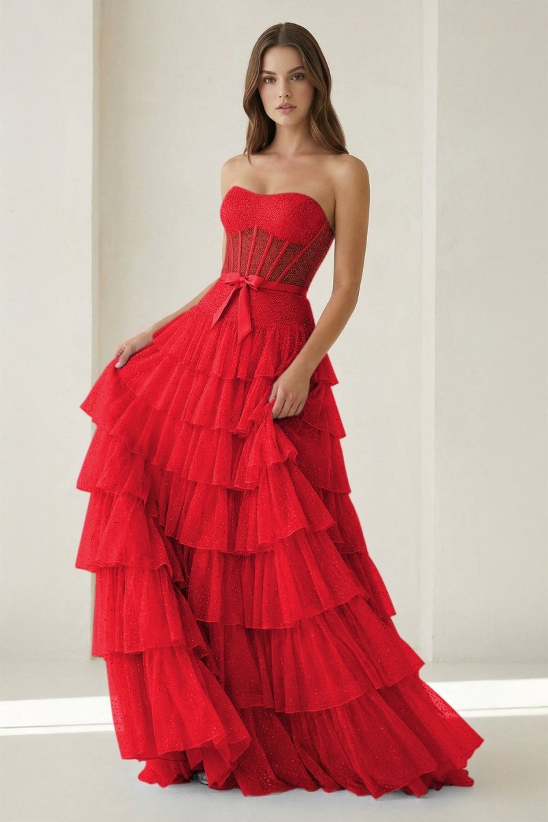 Tube Top Sleeveless Party Gowns Fully Beaded Tulle Pleated Tiered A-Line Prom Dress