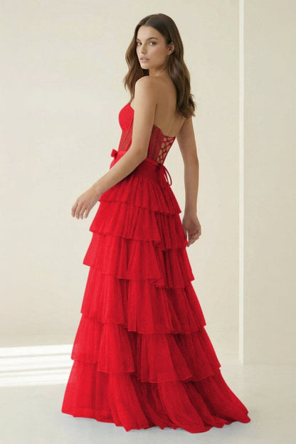Tube Top Sleeveless Party Gowns Fully Beaded Tulle Pleated Tiered A-Line Prom Dress