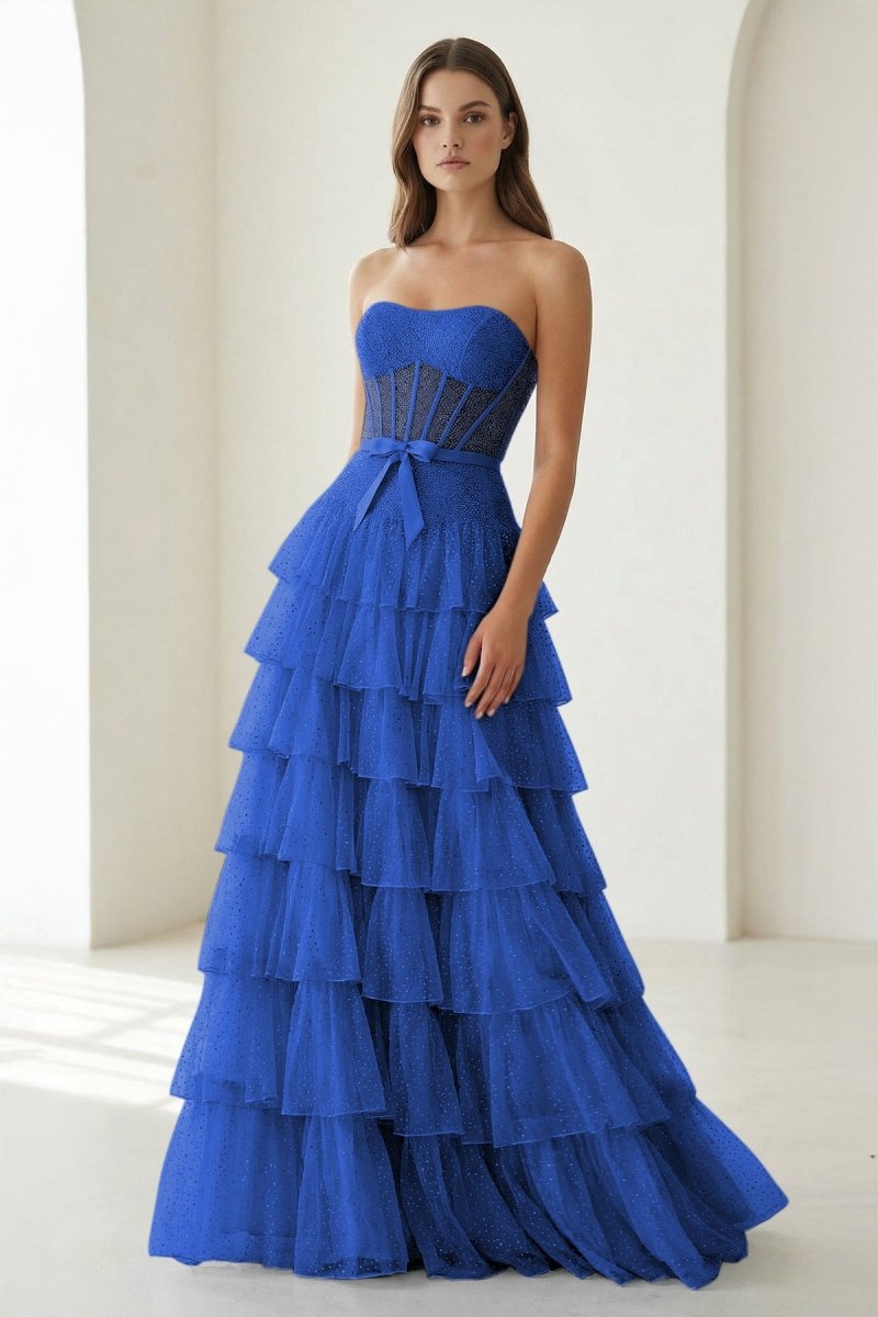 Tube Top Sleeveless Party Gowns Fully Beaded Tulle Pleated Tiered A-Line Prom Dress