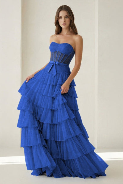 Tube Top Sleeveless Party Gowns Fully Beaded Tulle Pleated Tiered A-Line Prom Dress