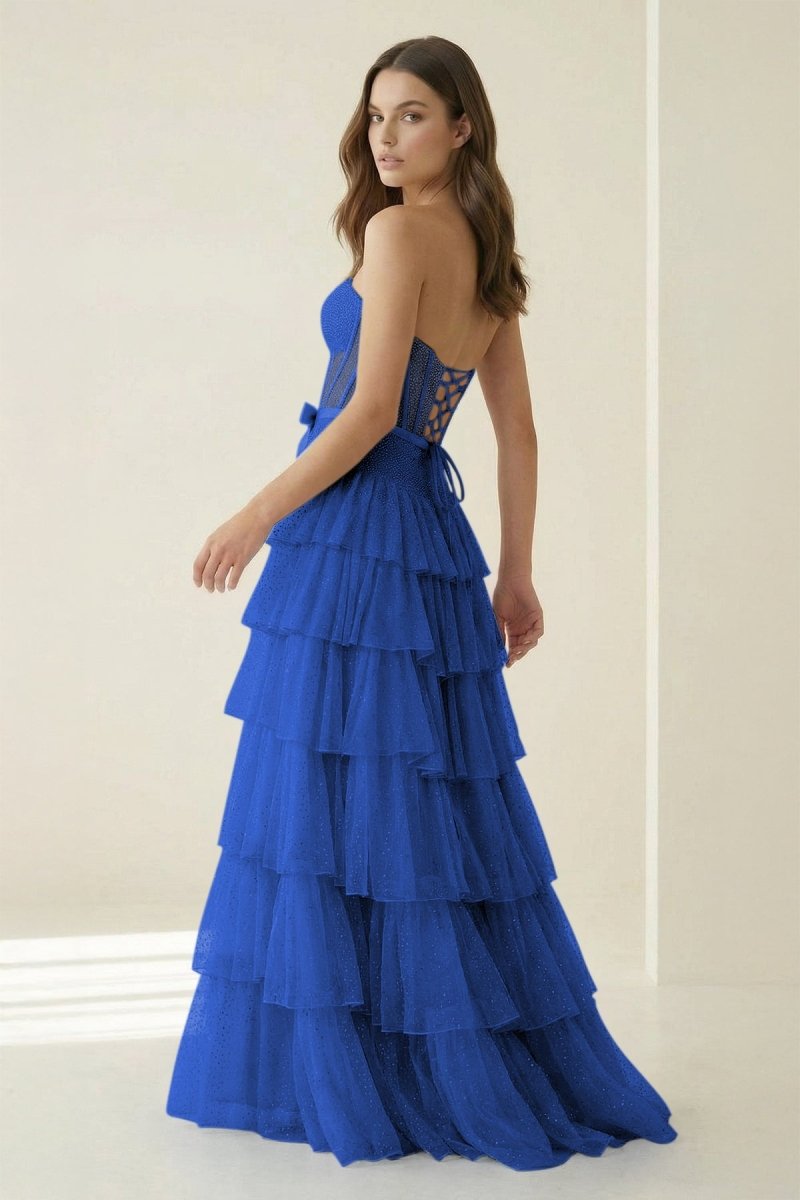 Tube Top Sleeveless Party Gowns Fully Beaded Tulle Pleated Tiered A-Line Prom Dress
