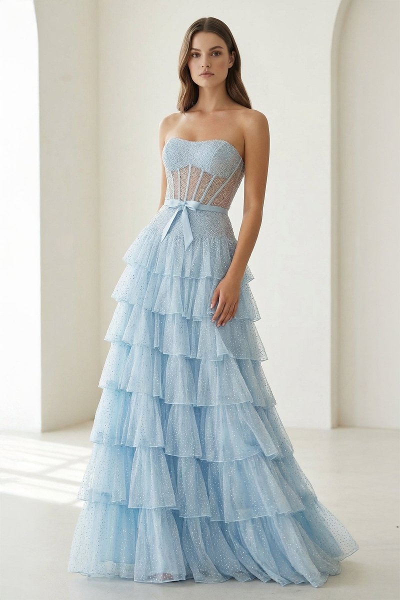 Tube Top Sleeveless Party Gowns Fully Beaded Tulle Pleated Tiered A-Line Prom Dress