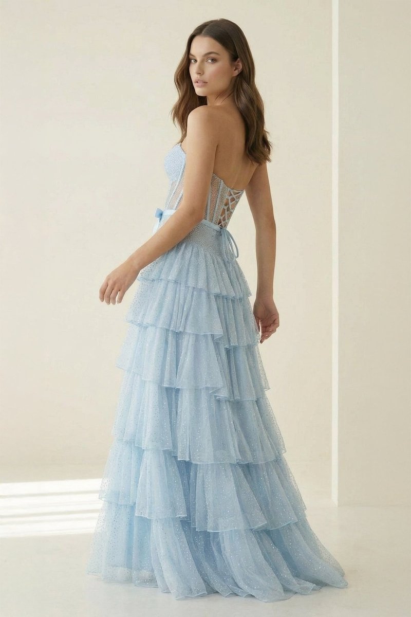 Tube Top Sleeveless Party Gowns Fully Beaded Tulle Pleated Tiered A-Line Prom Dress