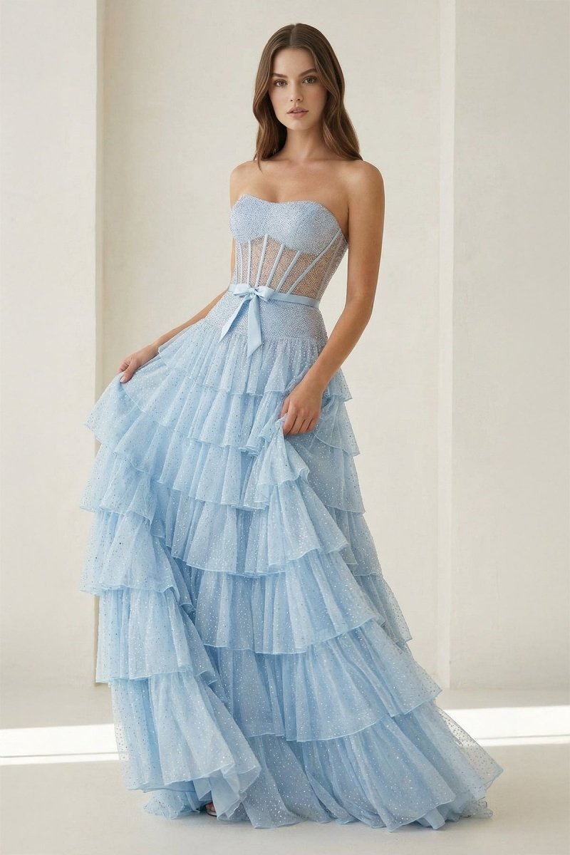 Tube Top Sleeveless Party Gowns Fully Beaded Tulle Pleated Tiered A-Line Prom Dress