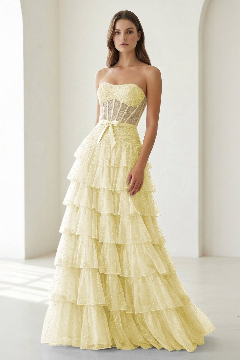 Tube Top Sleeveless Party Gowns Fully Beaded Tulle Pleated Tiered A-Line Prom Dress