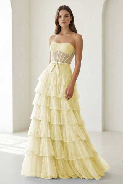 Tube Top Sleeveless Party Gowns Fully Beaded Tulle Pleated Tiered A-Line Prom Dress