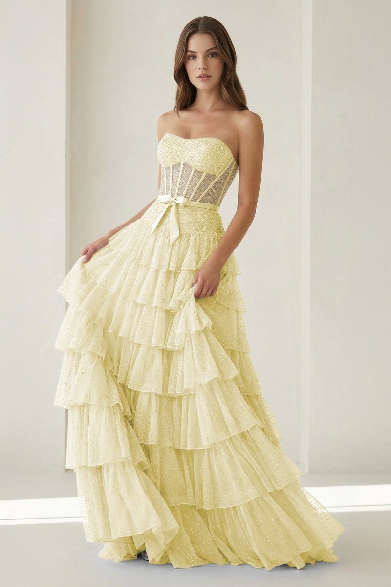 Tube Top Sleeveless Party Gowns Fully Beaded Tulle Pleated Tiered A-Line Prom Dress