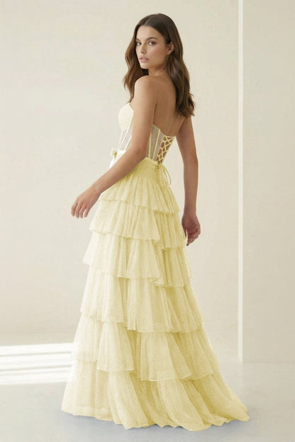 Tube Top Sleeveless Party Gowns Fully Beaded Tulle Pleated Tiered A-Line Prom Dress
