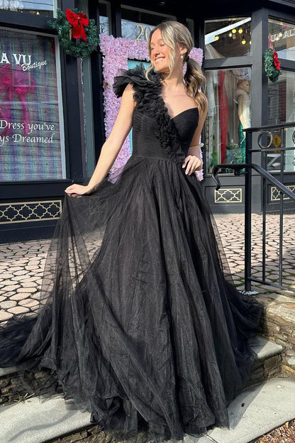 V-Neck One-Strap Sleeveless Party Gowns Tulle Pleated Floor-length A-Line Prom Dress