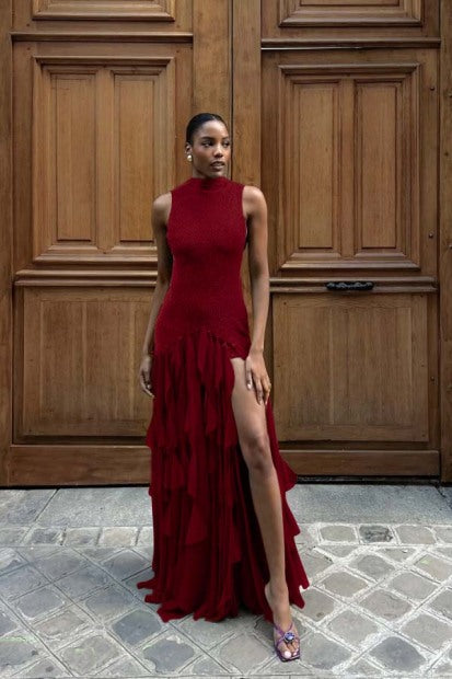 High-Neck Off-Shoulder Beaded Chiffon Pleated Tiered Fitted Prom Dress with High Slit