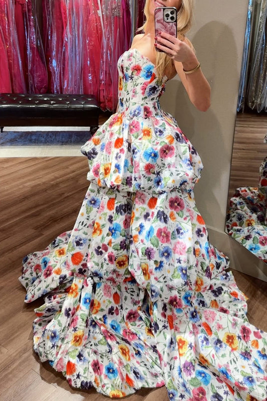 Tube Top Sleeveless Print-Satin Pleated High Slit Tiered A-Line Prom Dress with Train
