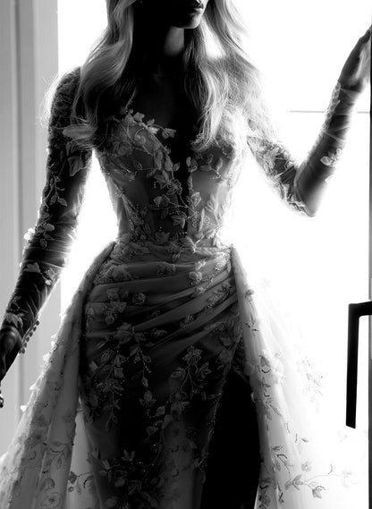 Deep V-Neck Long-Sleeves Sequined 3D-Floral Applique Chiffon Mermaid Wedding Dress