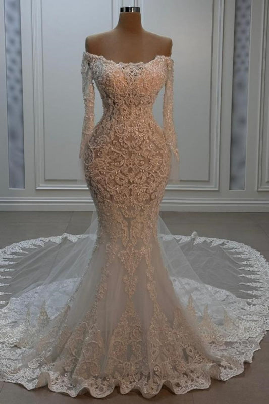 Scoop-Neck Long-Sleeves Beaded Sequined Applique Tulle Mermaid Wedding Dress with Train
