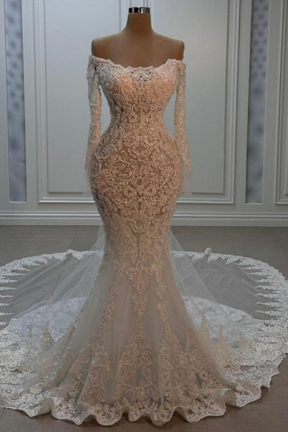 Scoop-Neck Long-Sleeves Beaded Sequined Applique Tulle Mermaid Wedding Dress with Train