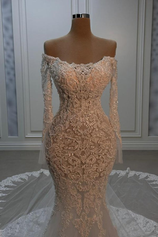 Scoop-Neck Long-Sleeves Beaded Sequined Applique Tulle Mermaid Wedding Dress with Train