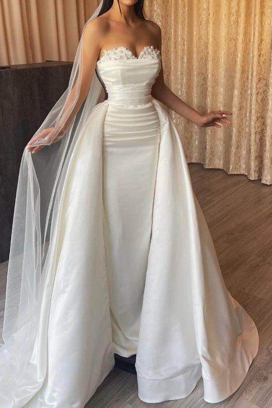 Sweetheart Long-Lace-Sleeves Pearls Sequined Satin Pleated Mermaid Wedding Dress