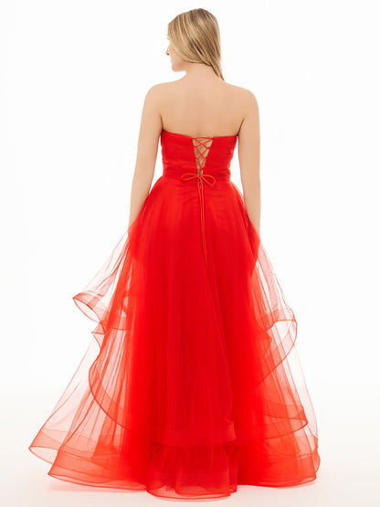 A-Line Tube Top Strapless A-Line Prom Dress Sleeveless Pleated Tulle Tiered Party Gowns
