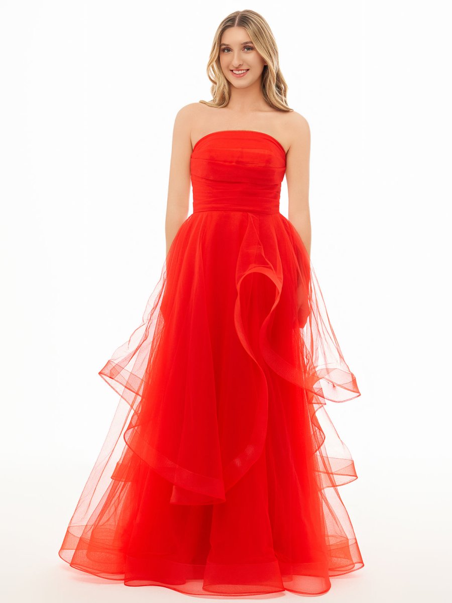 A-Line Tube Top Strapless A-Line Prom Dress Sleeveless Pleated Tulle Tiered Party Gowns