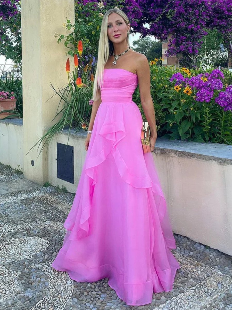 A-Line Tube Top Strapless A-Line Prom Dress Sleeveless Pleated Tulle Tiered Party Gowns