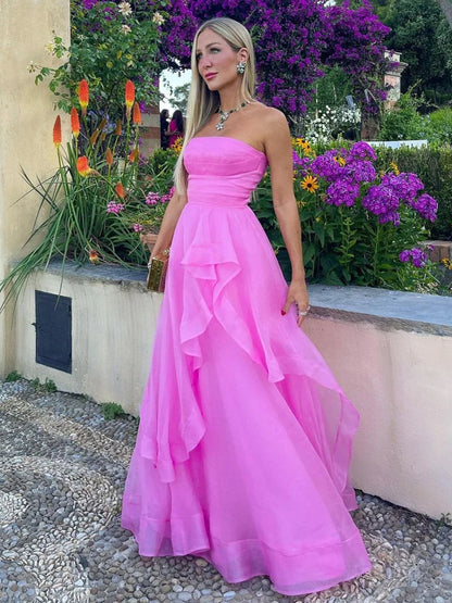 A-Line Tube Top Strapless A-Line Prom Dress Sleeveless Pleated Tulle Tiered Party Gowns