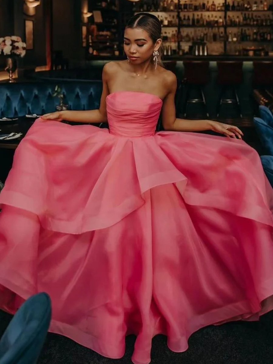 A-Line Tube Top Strapless A-Line Prom Dress Sleeveless Pleated Tulle Tiered Party Gowns