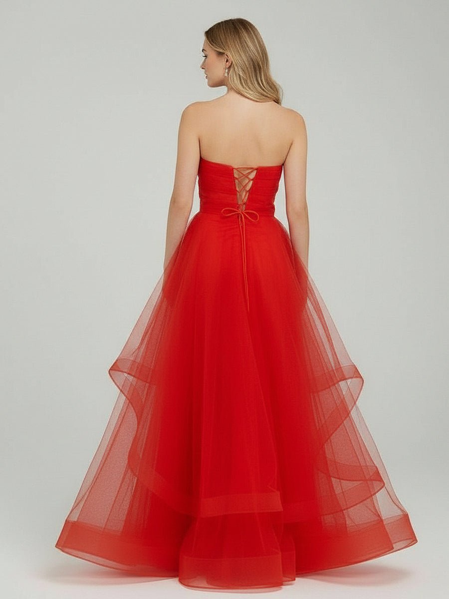 A-Line Tube Top Strapless A-Line Prom Dress Sleeveless Pleated Tulle Tiered Party Gowns