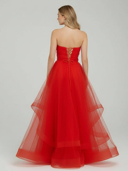 A-Line Tube Top Strapless A-Line Prom Dress Sleeveless Pleated Tulle Tiered Party Gowns