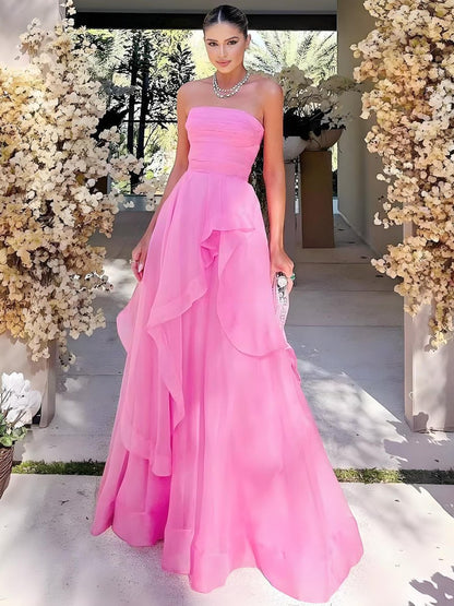 A-Line Tube Top Strapless A-Line Prom Dress Sleeveless Pleated Tulle Tiered Party Gowns