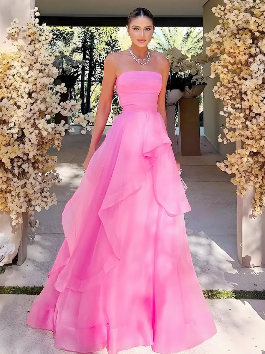 A-Line Tube Top Strapless A-Line Prom Dress Sleeveless Pleated Tulle Tiered Party Gowns