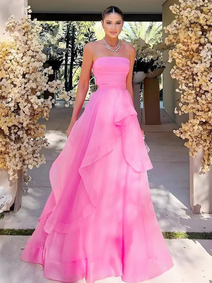 A-Line Tube Top Strapless A-Line Prom Dress Sleeveless Pleated Tulle Tiered Party Gowns