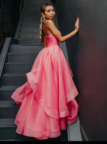 A-Line Tube Top Strapless A-Line Prom Dress Sleeveless Pleated Tulle Tiered Party Gowns