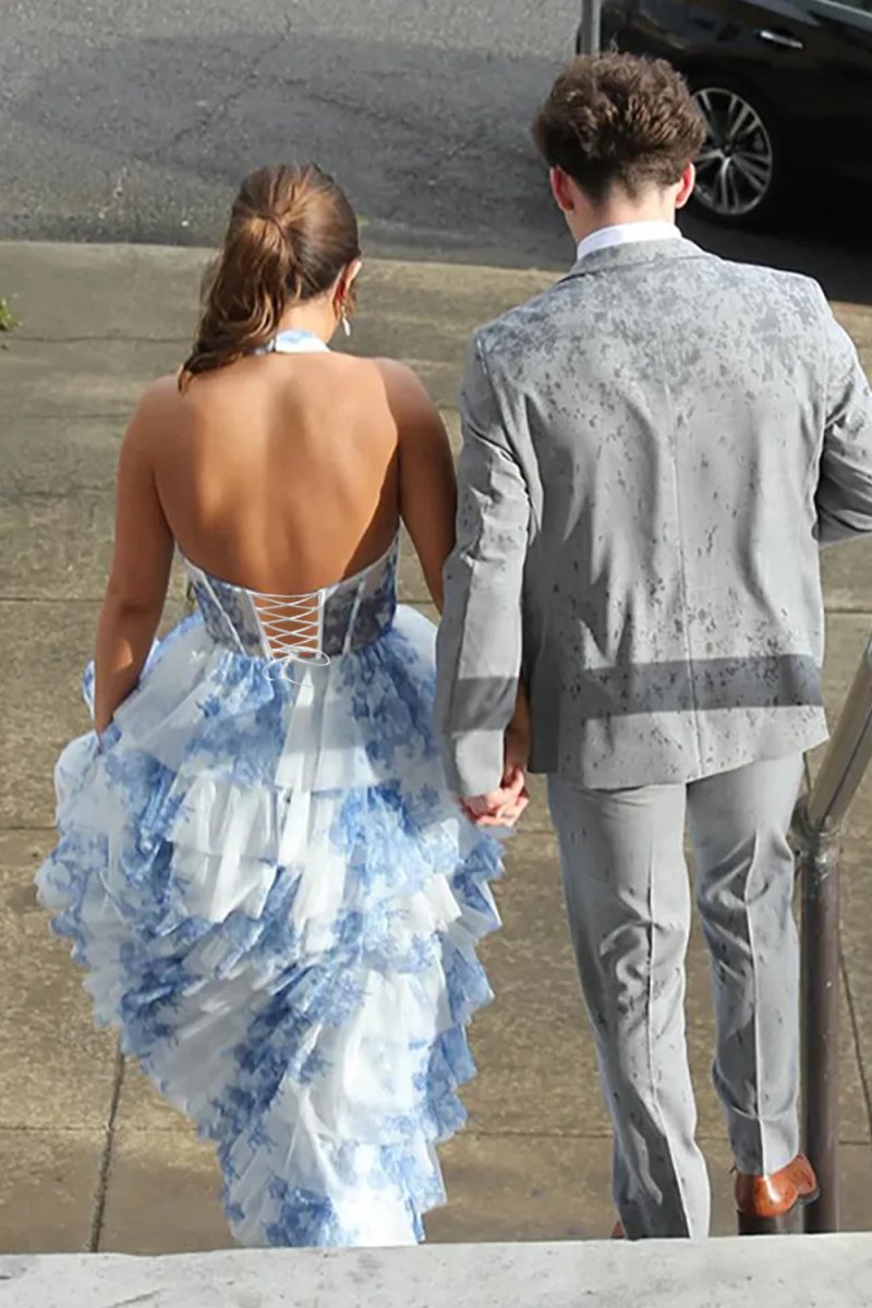 Halter A Line Floral Chiffon Formal Prom Dresses With Ruffles