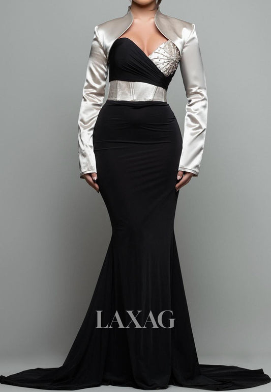 Sweetheart Beaded Pleated Sweep Train Two Tone Mermaid Evening Dress with Coat