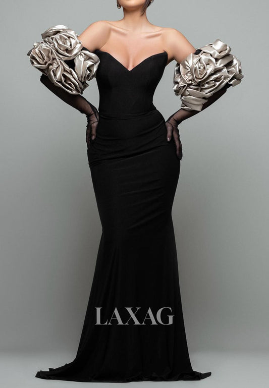 V-Neck Off-Shoulder Pleated Mermaid Evening Dress Floral Embellished Formal Gowns with Gloves