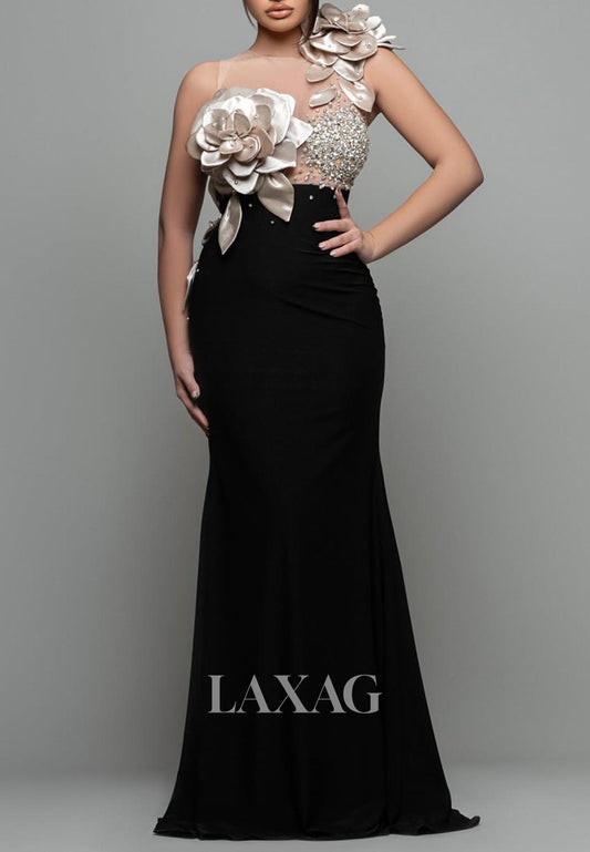 Scoop-Neck Floral Embellished Formal Gowns Sleeveless Beaded Pleated Mermaid Evening Dress