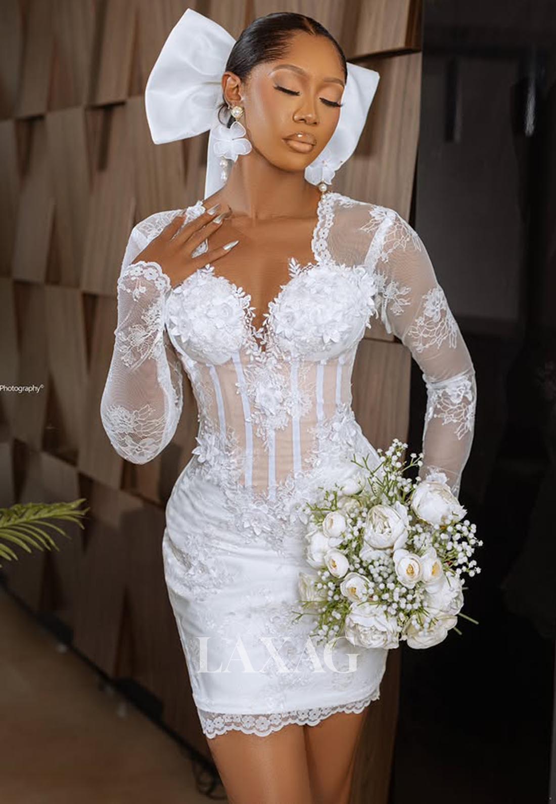Sweetheart Long-Sleeves Short Mermaid Wedding Dress Allover Lace Appli Laxag Sweetheart Long-Sleeves Short Mermaid Wedding Dress Allover Lace Appli Laxag