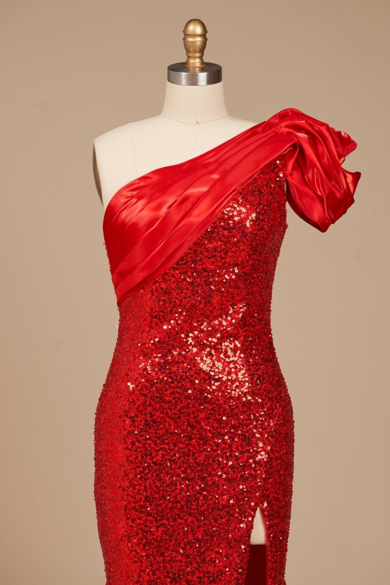 Asymmetrical-Neck Sleeveless Party Gowns One-Strap Fully Sequined Satin Mermaid Prom Dress with Slit