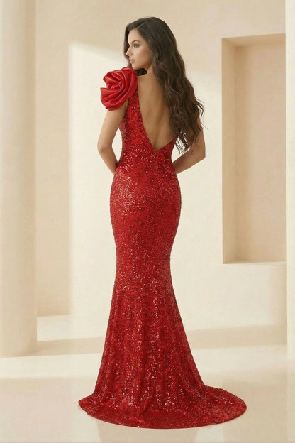 Asymmetrical-Neck Sleeveless Party Gowns One-Strap Fully Sequined Satin Mermaid Prom Dress with Slit